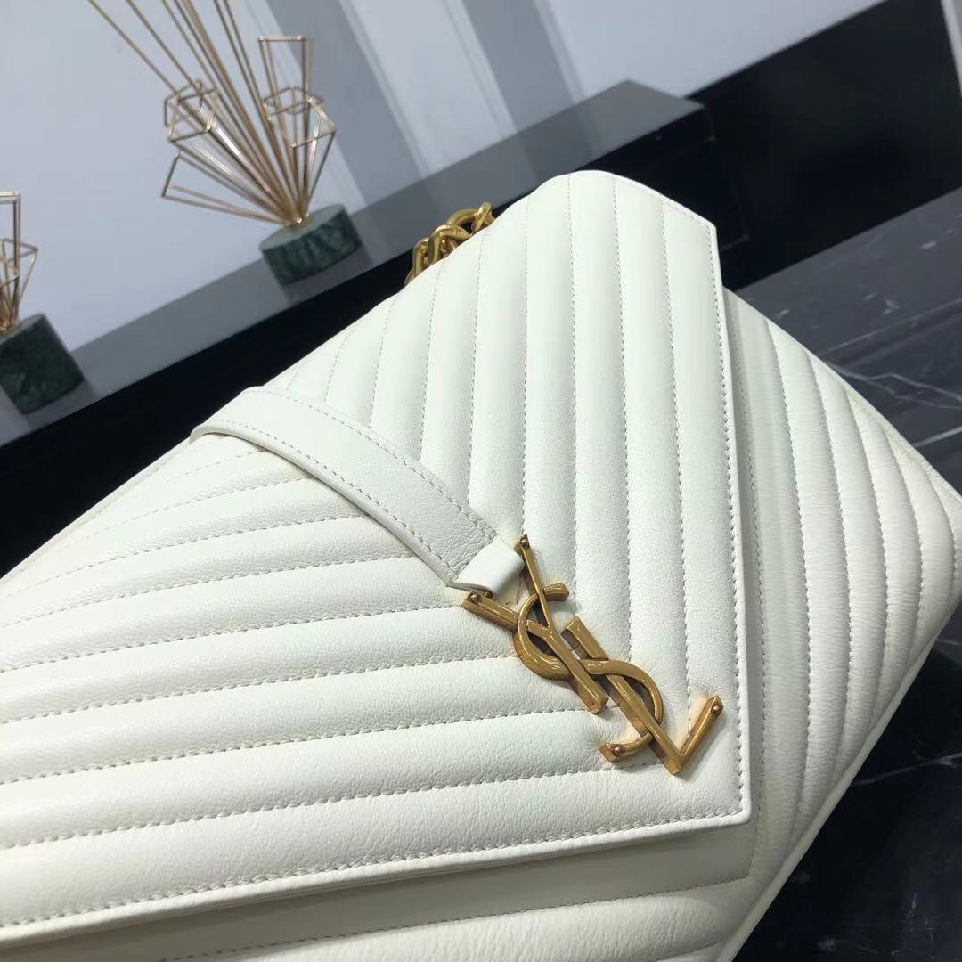 Saint Laurent Lambskin College Handbag Shoulder Bag White 392738 Gold